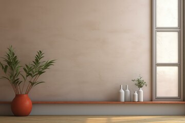Calm and minimalistic room interior with a green plant in a clay pot and white vases beside a large window