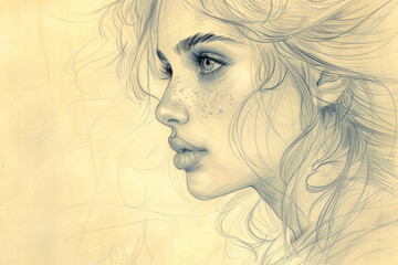 Fototapeta premium Retro Sci-Fi Portrait: Detailed Drawing of a Futuristic Cute Girl in Profile