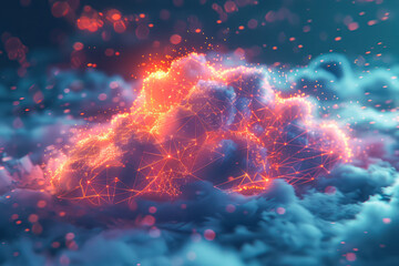 Fototapeta premium Envisioning the Future: Illuminated Network in the Digital Cloud - A 3D Illustration of Cutting-Edge Data Technology Against a Surreal Backdrop