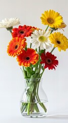 Vase with flowers: Gerbera, white background.