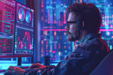 Tech-savvy coder at work in data center office: A programmer's digital playground