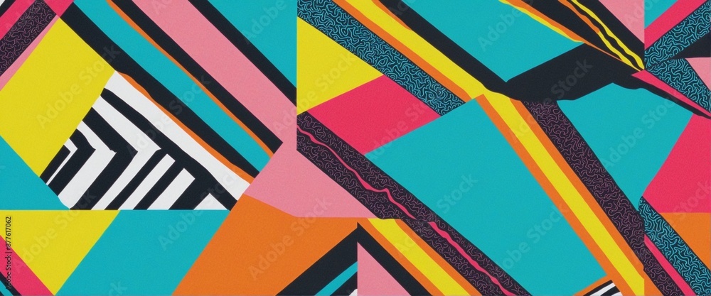 Poster vibrant and whimsical paper design featuring a variety of colourful and abstract patterns