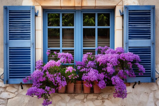 Picturesque window adorned with vibrant bougainvillea and rustic blue shutters on a white wall