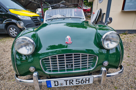 Cologne, Germany, 06-02-2024- green Triumph TR 2 Roadster, it was built between 1952 and 1955. Front view