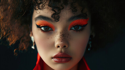 Close-up Portrait of a Woman with Bright Orange Eye Makeup