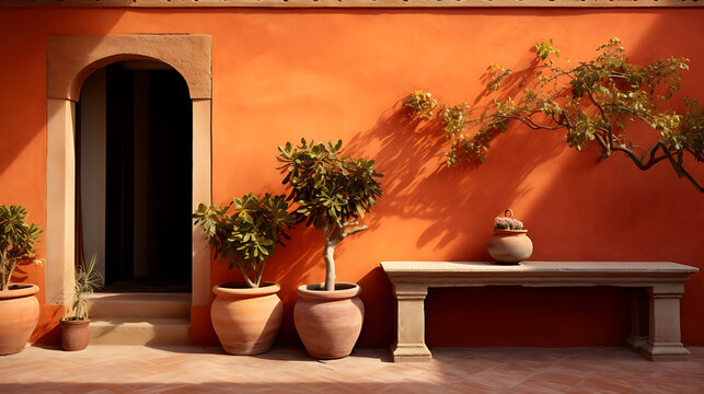 Mediterranean terracotta pots and a stone bench against a warm orange wall create a serene and inviting outdoor space. 
