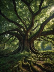 Massive, ancient tree stands majestically in lush forest, its thick, gnarled roots spreading out across forest floor. Tree's enormous trunk supports vast canopy of vibrant green leaves.
