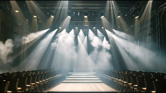 Empty catwalk with many spotlights, fashion event, runway podium stage