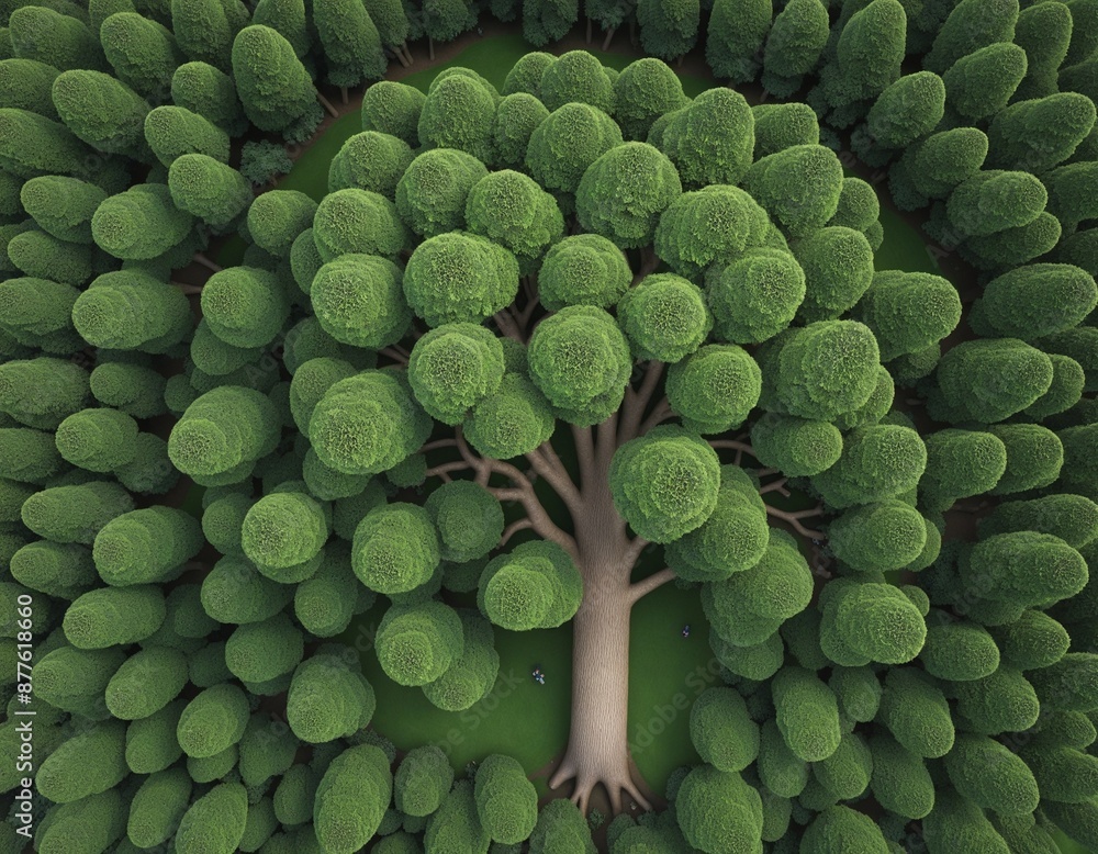 Poster a large verdant vegetation: visualizing the sturdy trunk of a deciduous tree from above