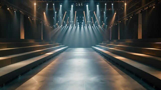 Empty catwalk with many spotlights, fashion event, runway podium stage