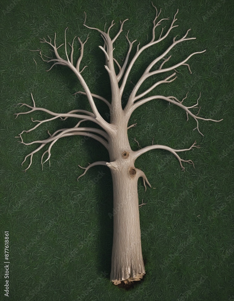 Poster silhouetted three-dimensional rendering of mossy dead tree from a top view