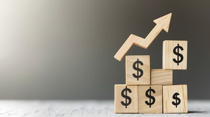 Wooden blocks with a dollar sign and upward arrow on a grey background, representing financial success and wealth accumulation. Flat lay. High quality, no realistic photo details.