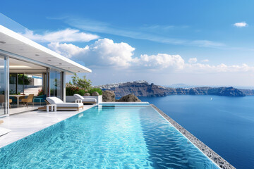 3D rendering of a modern luxury house with a swimming pool on a cliff in Santorini, with a blue sky and sea view, conveying a concept of a summer vacation