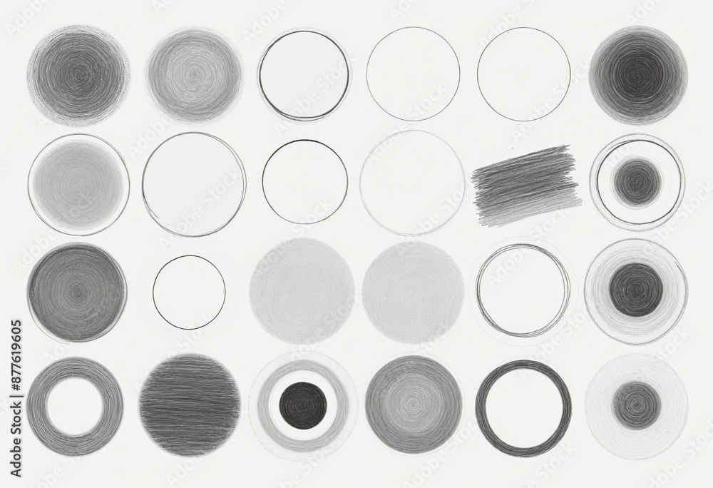 Poster create a collection of hand-drawn graphite circles on a white background, featuring various shapes a