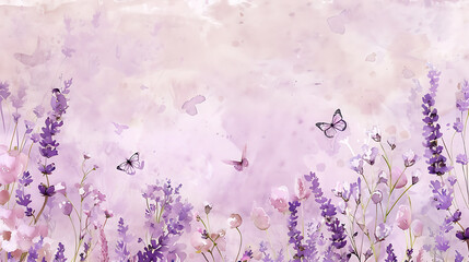 Watercolor lavender flowers and butterflies in purple, pink and white, a delicate and romantic floral design for spring and summer projects. 