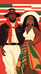 A couple in traditional clothing, red, green, and white, celebrating a vibrant cultural festival. 