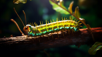 Vibrant green, blue, and gold iridescent caterpillar on a branch, a macro shot showcasing nature's beauty and intricate details. 
