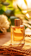Golden Perfume Bottle, Sunlight, Warm Tones, Summer Fragrance, Relaxation and Luxury. 
