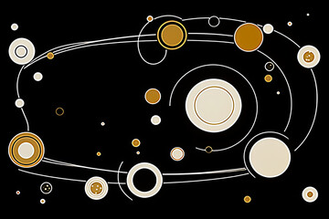 Abstract, geometric, white, gold, black, circles, swirling, cosmic, modern, design. 
