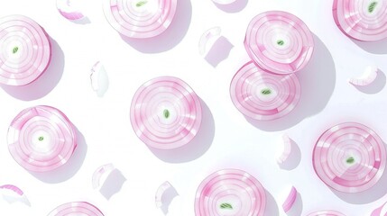   Pink onion slices on a white surface with a green spot in the center viewed from above