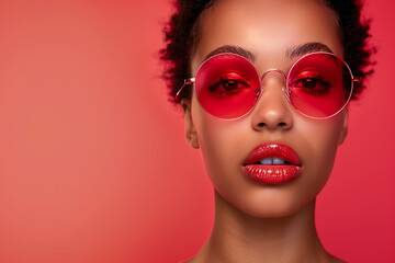 A woman with red lips and sunglasses, in a red background, evoking a bold and confident style, perfect for fashion and beauty projects. 
