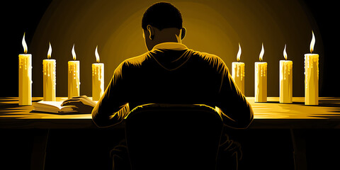 Silhouette of a man reading a book by candlelight, yellow, black, and brown, a quiet moment of reflection and peace. 
