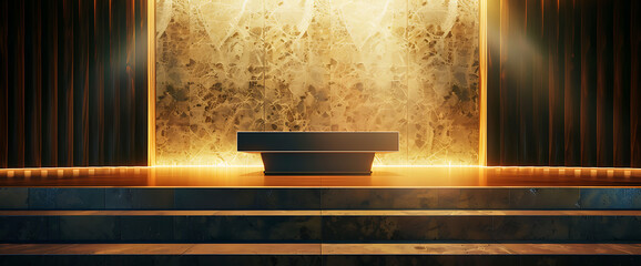 A minimalist podium with a marble wall, black and gold, a modern and elegant design, showcasing luxury and sophistication, perfect for product presentations. 
