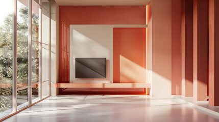 Minimalist living room with coral, white, and grey tones, showcasing a modern and stylish interior design. 
