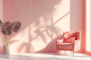 Pink armchair, plant, and sunlight create a minimalist, relaxing, and serene mood for interior design. 
