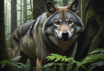 Fototapeta premium Threatened Grey Wolf closeup portrait in the exotic forest, showcasing the fierce beast's powerful nature during the dangerous safari adventure