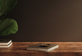 Books with flower on table close up, dark wall mock up background, 3D render