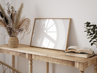 Mockup frame in farmhouse living room interior, 3d render	