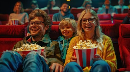 Family Enjoying Popcorn at Cinema