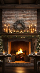 Cozy Christmas fireplace with warm candlelight and rustic decor, inviting warmth and holiday cheer. 
