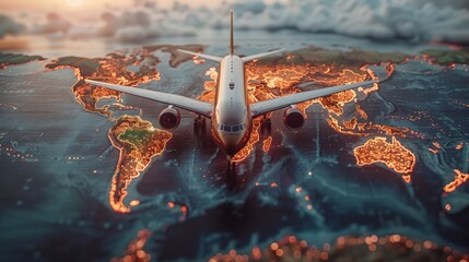 A commercial airplane flies above a world map highlighted with glowing orange lines representing international routes for global delivery services.