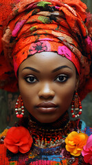 A woman with dark skin, wearing colorful headwrap, jewelry, and flowers, red, orange, and green, a portrait of beauty and cultural pride. 
