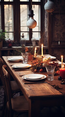 Rustic wooden table setting with white plates, candles, and warm lighting, perfect for autumn dinner. 
