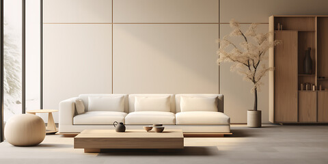 Minimalist living room with beige, brown, and white tones, showcasing a serene and modern design aesthetic. 
