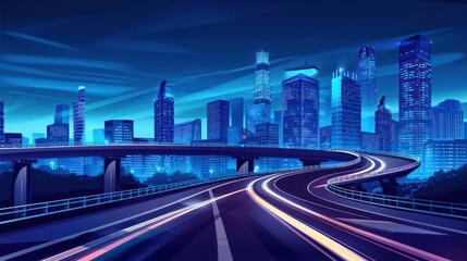 Fototapeta premium Futuristic Cityscape at Night with Elevated Highway. Cyberpunk or Sci-Fi Illustration