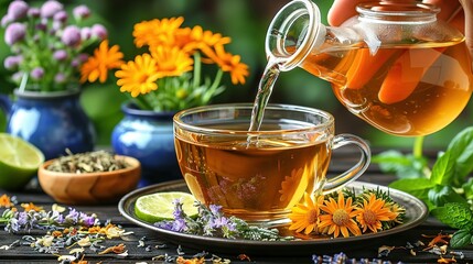   A teapot pours a cup of tea into a glass with a strainer and a floral background