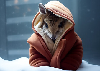 Cute brown rodent wearing a brown and white coat in the snow, winter, adorable. 
