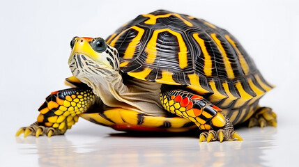 A vibrant yellow, black, and red turtle with a curious expression, perfect for nature, wildlife, and pet-related projects. 
