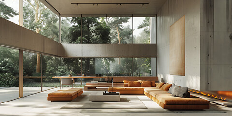 Modern minimalist living room with large windows, a fireplace, and a couch in beige, gray, and brown tones. 
