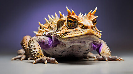 A spiky, brown toad with yellow eyes on a purple background, evoking a sense of mystery and intrigue, perfect for a fantasy or nature-themed project. 
