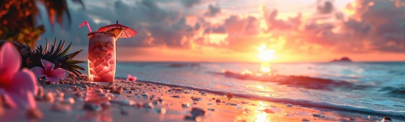 Obraz premium Sunset on the beach with a cocktail and a flower, Travel concept