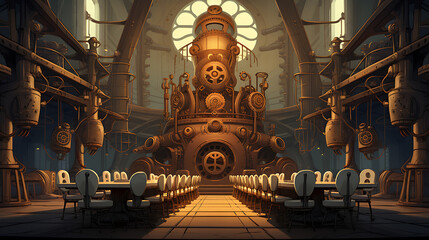 A steampunk dining room with brown, gold, and white tones, showcasing a futuristic and industrial design, perfect for fantasy and sci-fi projects. 
