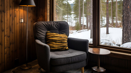 Cozy armchair, wooden walls, and snowy winter landscape, inviting relaxation and tranquility. 