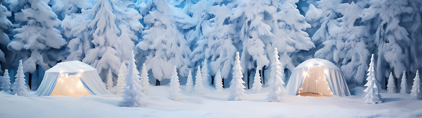 Snowy white forest with two cozy tents,  glowing with warm light,  perfect for a winter wonderland escape. 