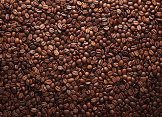 Freshly roasted coffee beans background. Top view of roasted arabica coffee beans. Concept of coffee, caffeine, aroma, breakfast and beverage.