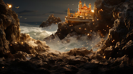 A magical fairytale castle perched on a rocky cliff with golden lights and crashing waves, evoking a sense of wonder and enchantment. 